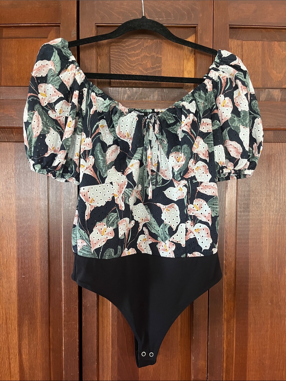 Express Black Floral Off-Shoulder Puff Sleeve Bodysuit with Pink Accents
